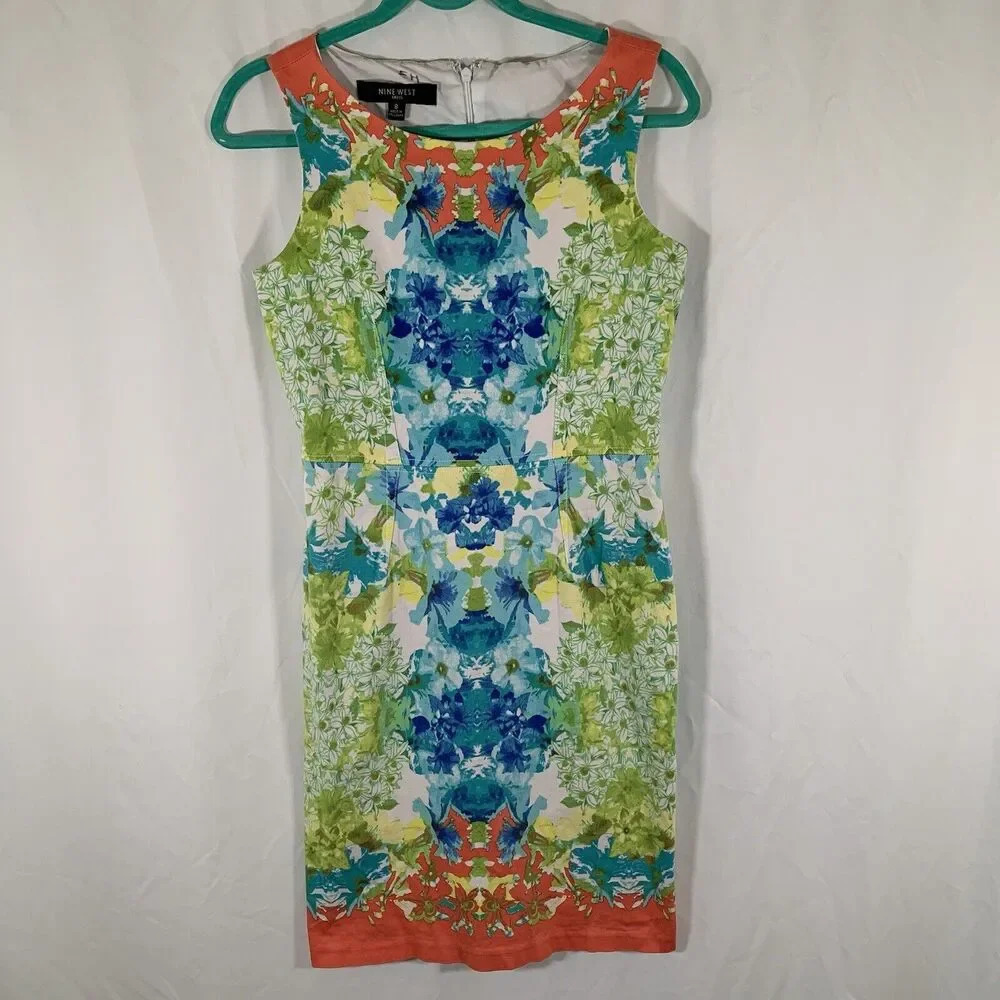 Nine West Shift Dress Womens 8 Multicolor Floral Knee Length Zip Back Sleeveless